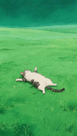 Art Cat Green Anime Grass Field Nature