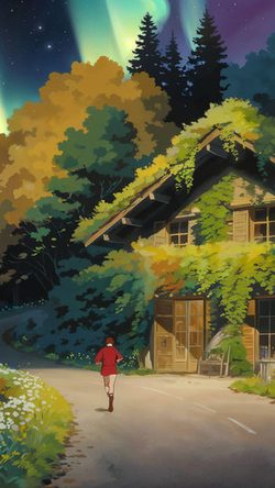 Art Aurora Borealis Wallpapers Illust Anime Forest Cabin