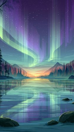 Art Aurora Lake Reflection Night Forest Mountain Illust
