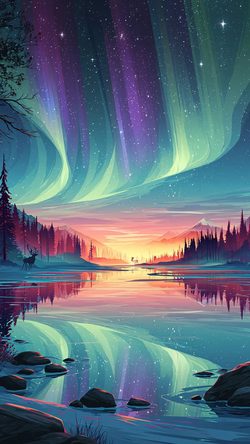 Art Aurora Landscape Night Forest Reflection Sky