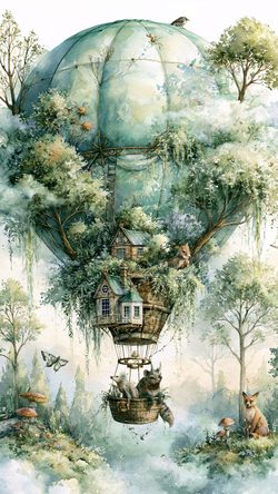 Art Disdisdiscod Hot Air Balloon Mint Gray Woodland Hotairballoon Watercolor Fantasy Trees Misty Vintage