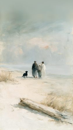 Art Katawiz Three Figures And A Black Labrador Ocean Dog Shore Pastel Coastal