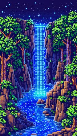 Art Pixel Waterfall Forest Night Digital Retro