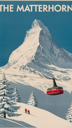 Art Clabes A Vintage Travel Poster Features The Matterhorn Mountain Snow Cablecar