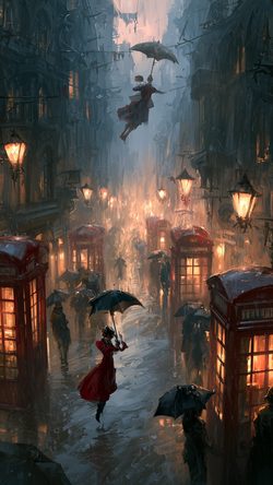 Art Rainy Street Umbrella Lantern Cinematic