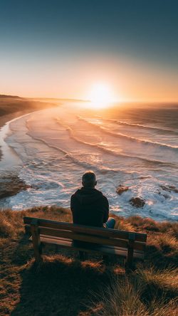 Art Silhouette Seascape Sunset Bench Coast Ocean