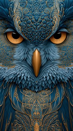 Art Illustration OF Majestic Owl Closeup Feathers Symmetrical Blue Gold