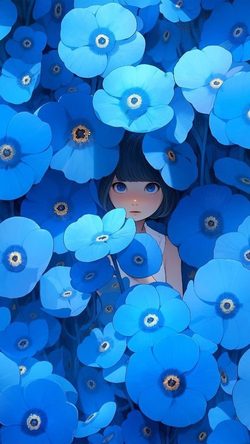 Art Blue Flower Girl Anime Fantasy