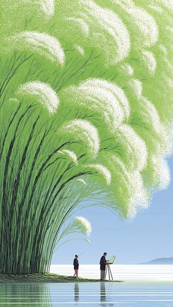 Art Painting Landscape Grass Reeds Water Sky Minimal