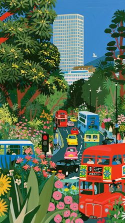 Art City Painting OF European Landscape Trees Traffic Buses Flower Illust