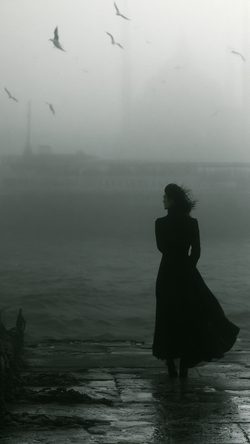 Ppl Popop Opop Istanbul Bosphorus Waterfront IN Heavy Silhouette Fog Seagulls Moody Coast
