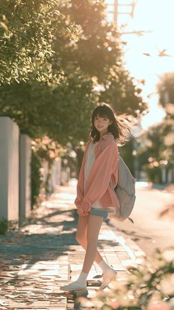 Ppl Asian Girl Photorealistic A Year Old Walking Street Sunset Backpack Teen Outdoor