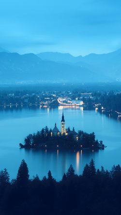 Lake Blue Night Mountain Country Nature Fog